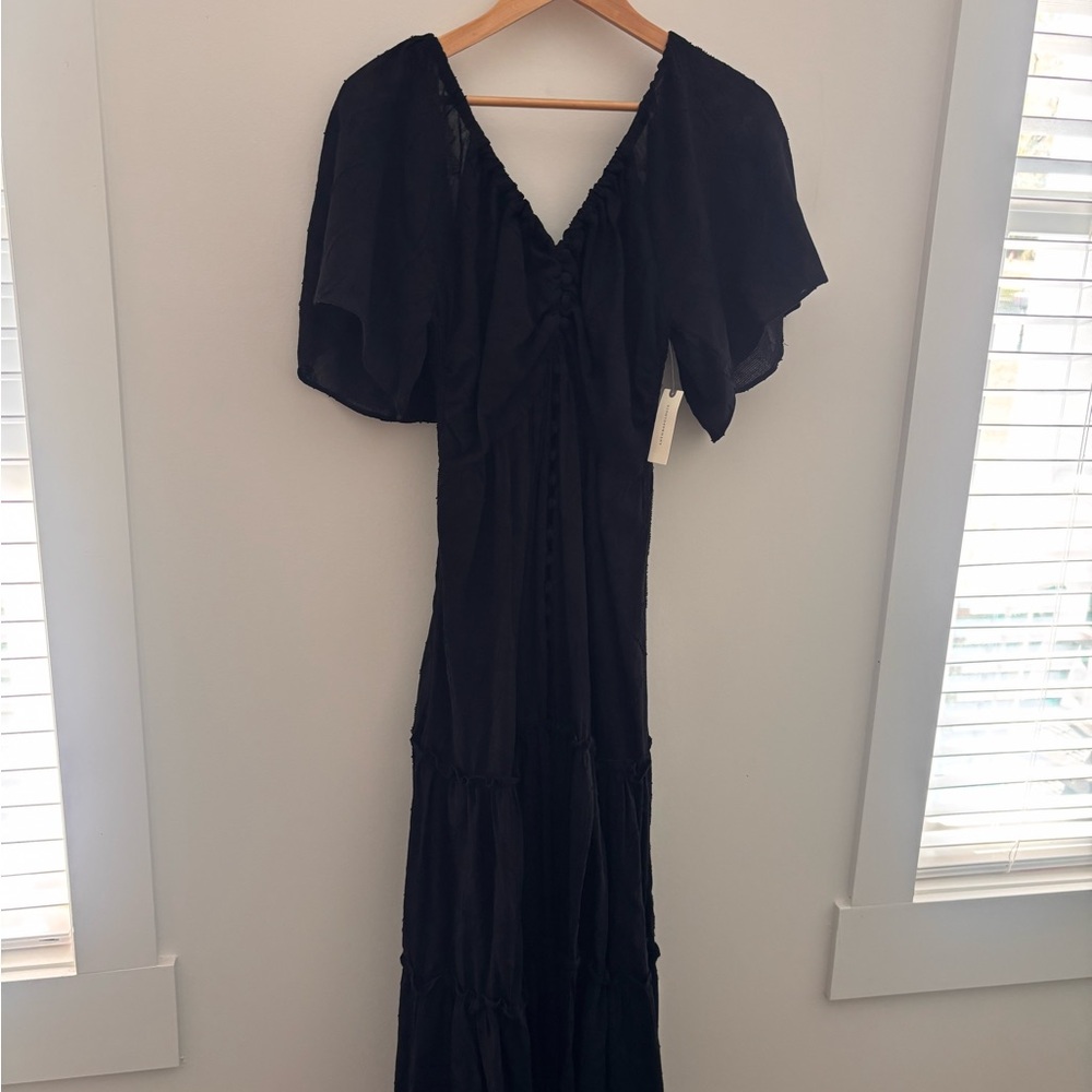 Anthropologie Black Flutter-Sleeve Maxi Dress